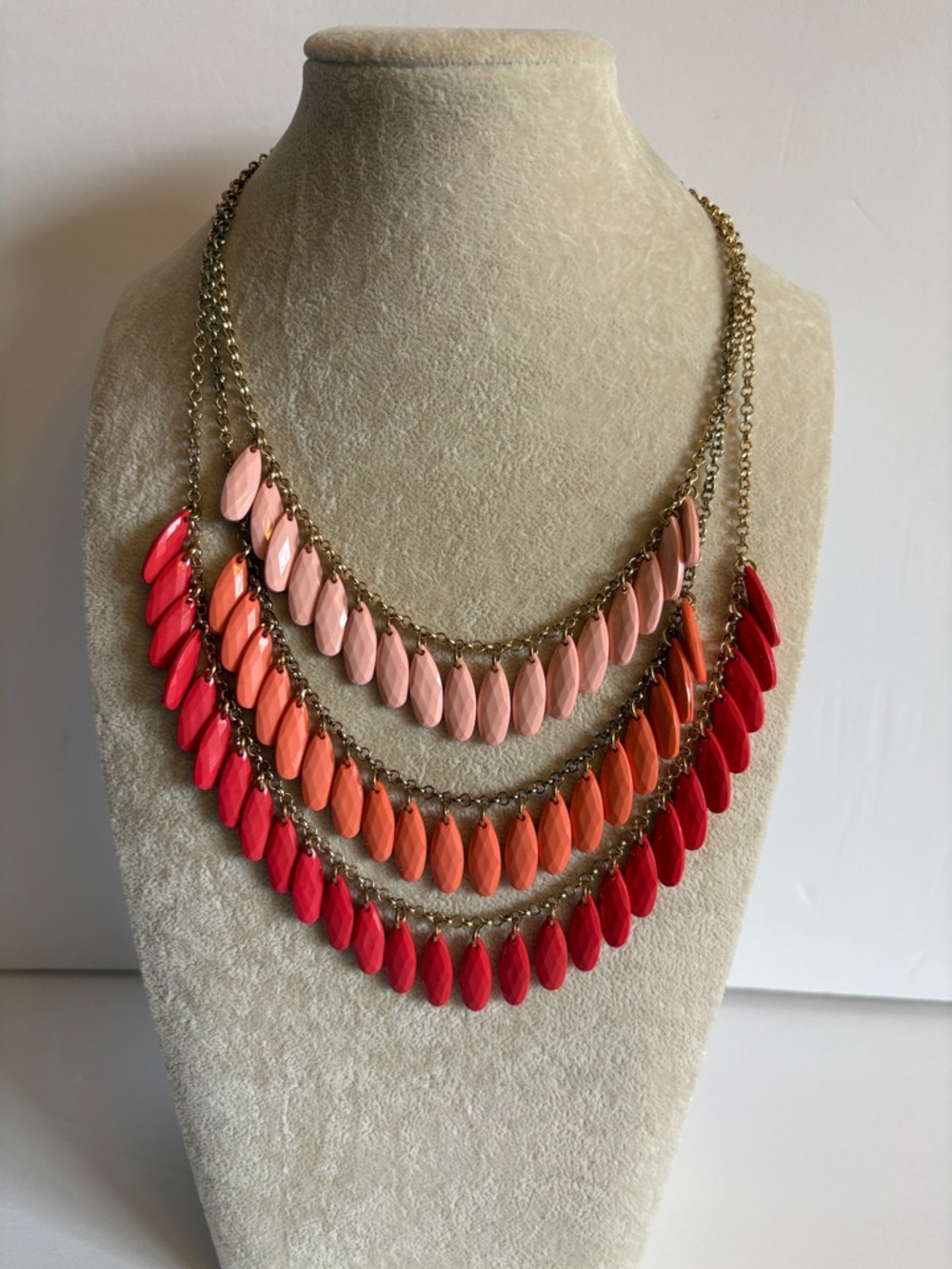 Pink Coral Statement Necklace Layered Bib Teardrop Bead Gold Chain